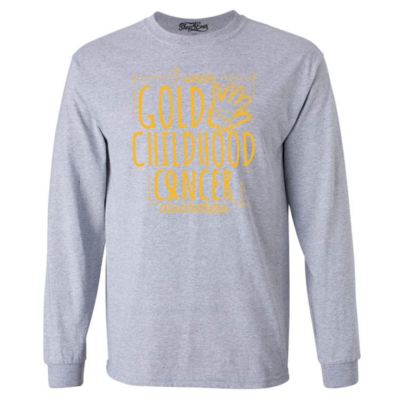 Shop4Ever Men's I Wear Gold for Childhood Cancer Awareness Long Sleeve Shirt XX-Large Sports Grey