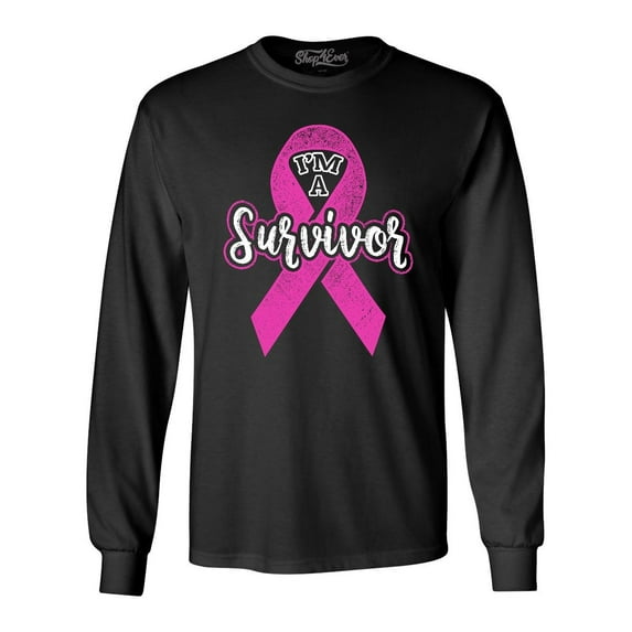 Shop4Ever Men's I'm A Survivor Breast Cancer Awareness Long Sleeve Shirt Small Black