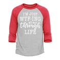thumbnail image 1 of Shop4Ever Men's I'm Just WTF-ing My Way Through Life Raglan Baseball Shirt XXX-Large Heather Grey/Red, 1 of 3