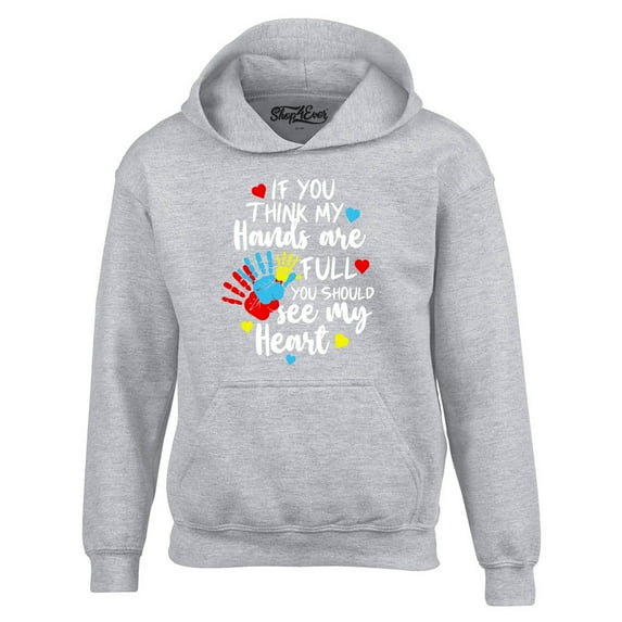 Shop4Ever Men's If You Think My Hands are Full Heart Autism Hooded Sweatshirt Hoodie X-Large Sports Grey