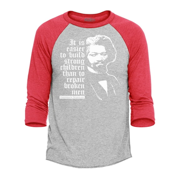 Shop4Ever Men's It Is Easier to Build Strong Children Fred Douglass Graphic Raglan Baseball Shirt Medium Heather Grey/Red