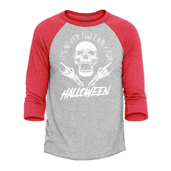 Shop4Ever Men's It's Never Too Early for Halloween Skull Skeleton Raglan Baseball Shirt Medium Heather Grey/Red