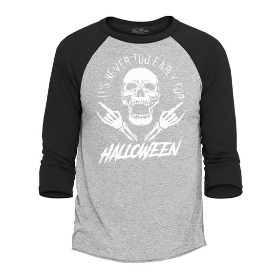 Shop4Ever Men's It's Never Too Early for Halloween Skull Skeleton Raglan Baseball Shirt XX-Large Heather Grey/Black