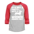 thumbnail image 1 of Shop4Ever Men's It's Not a Party Until The Wiener Comes Out Funny Dachshund  Raglan Baseball Shirt Medium Heather Grey/Red, 1 of 4