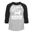 thumbnail image 1 of Shop4Ever Men's It's Not a Party Until The Wiener Comes Out Funny Dachshund  Raglan Baseball Shirt Small Heather Grey/Black, 1 of 4