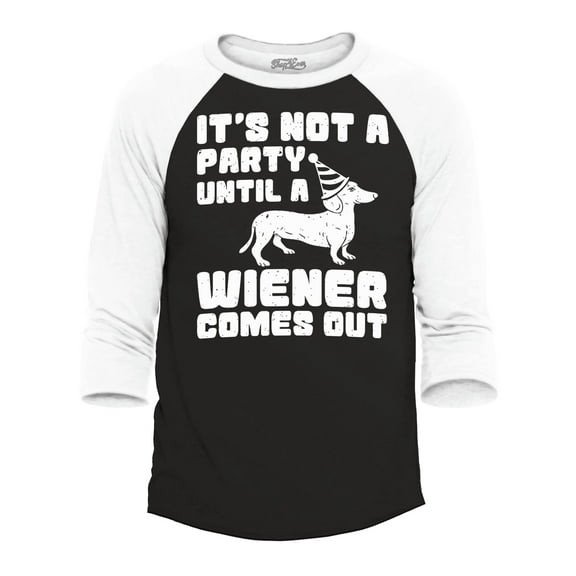Shop4Ever Men's It's Not a Party Until The Wiener Comes Out Funny Dachshund Raglan Baseball Shirt X-Small Black/White