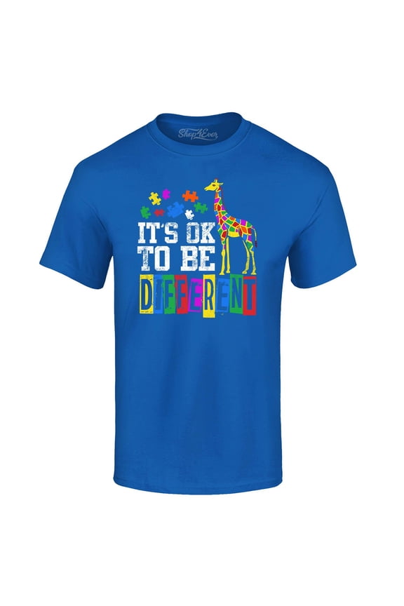 Men's It's OK to Be Different Autism Awareness Giraffe Graphic T-shirt X-Large Royal Blue