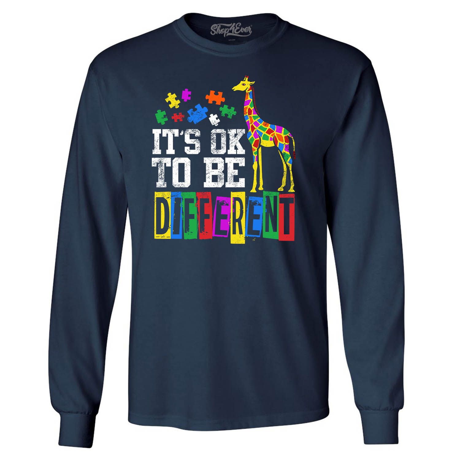 Shop4Ever Men's It's OK to Be Different Autism Awareness Giraffe Long Sleeve Shirt Medium Navy