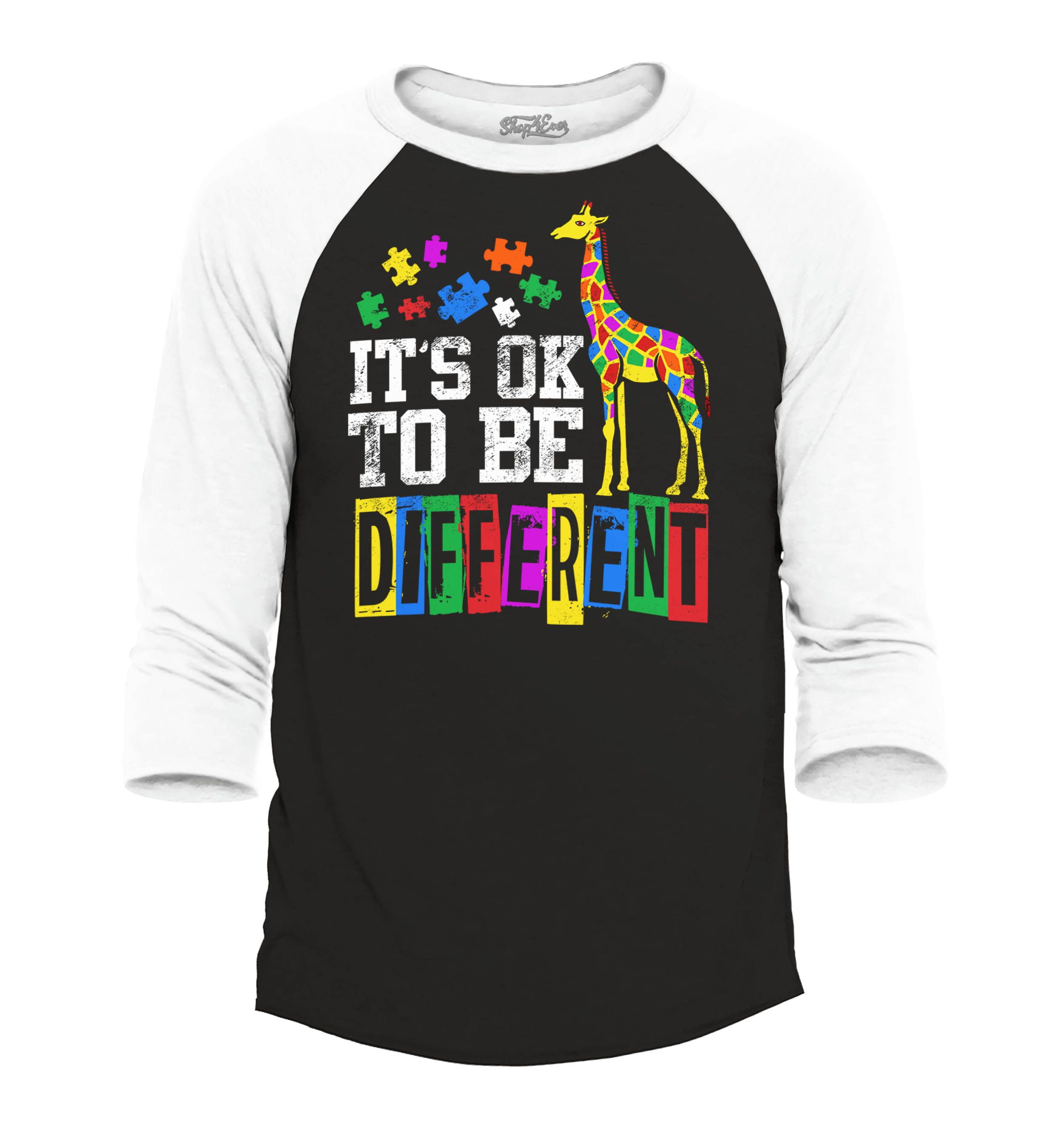 Shop4Ever Men's It's OK to Be Different Autism Awareness Giraffe Raglan Baseball Shirt Large Black/White