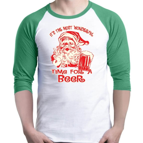 Shop4Ever Men's It's The Most Wonderful Time For A Beer Santa Raglan Baseball Shirt Large White/Kelly