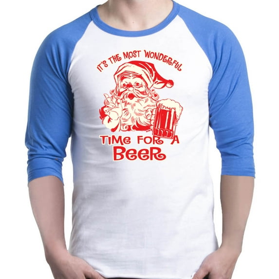Shop4Ever Men's It's The Most Wonderful Time For A Beer Santa Raglan Baseball Shirt X-Large White/Blue