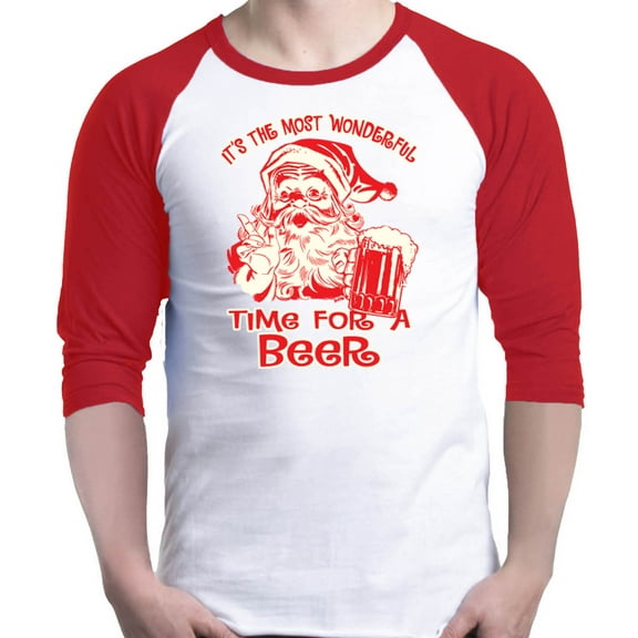 Shop4Ever Men's It's The Most Wonderful Time For A Beer Santa Raglan Baseball Shirt X-Large White/Red