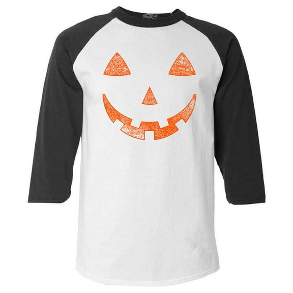 Shop4Ever Men's Jack O'Lantern Costume Pumpkin Face Halloween Raglan Baseball Shirt XX-LargeWhite/Black