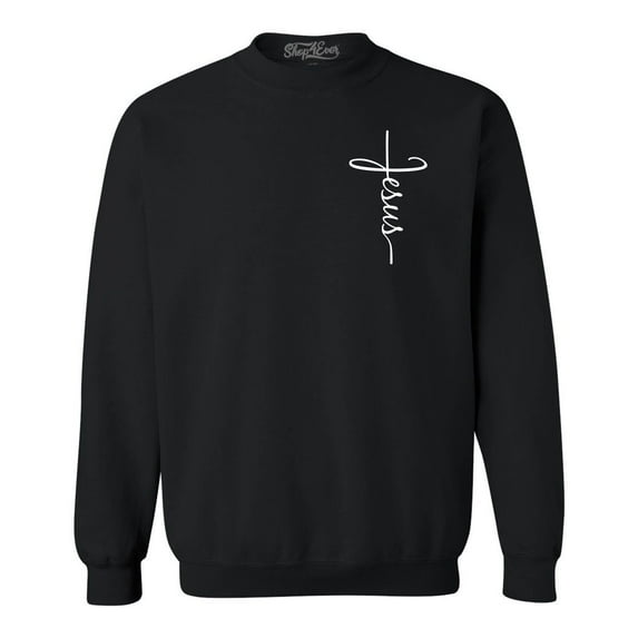 Shop4Ever Men's Jesus Cross Cursive Script Small Crewneck Sweatshirt Large Black