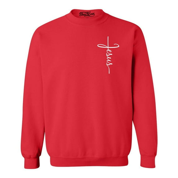 Shop4Ever Men's Jesus Cross Cursive Script Small Crewneck Sweatshirt Medium Red