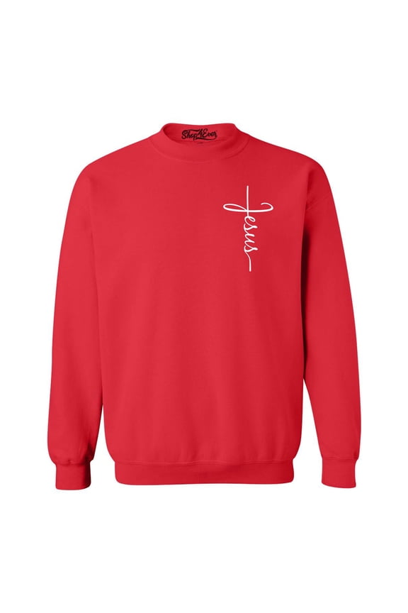 Men's Jesus Cross Cursive Script Small  Crewneck Sweatshirt Small Red