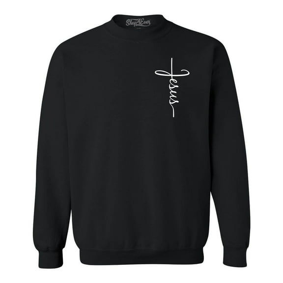 Shop4Ever Men's Jesus Cross Cursive Script Small Crewneck Sweatshirt XXXX-Large Black