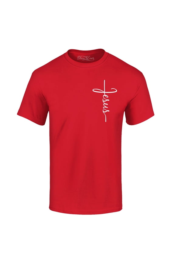 Men's Jesus Cross Cursive Script Small  Graphic T-shirt Large Red