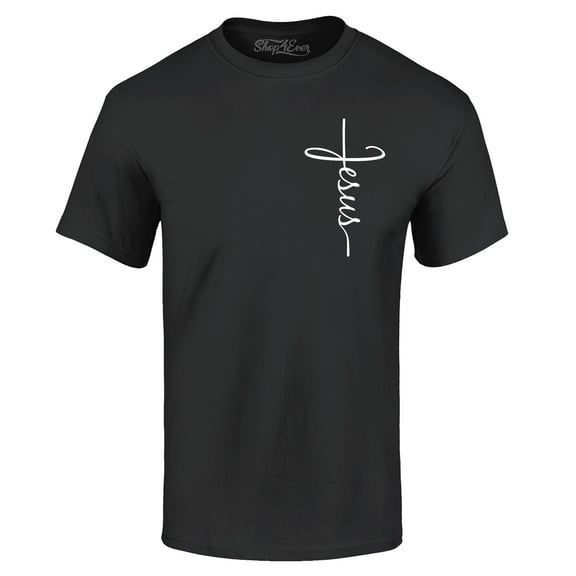 Shop4Ever Men's Jesus Cross Cursive Script Small  Graphic T-shirt Medium Black
