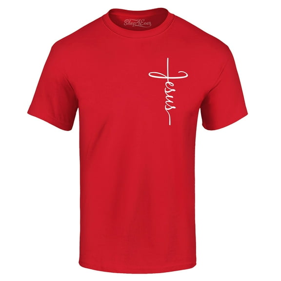 Shop4Ever Men's Jesus Cross Cursive Script Small  Graphic T-shirt Medium Red