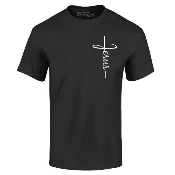 Shop4Ever Men's Jesus Cross Cursive Script Small Graphic T-shirt X-Large Black