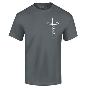 Shop4Ever Men's Jesus Cross Cursive Script Small  Graphic T-shirt XXXX-Large Charcoal