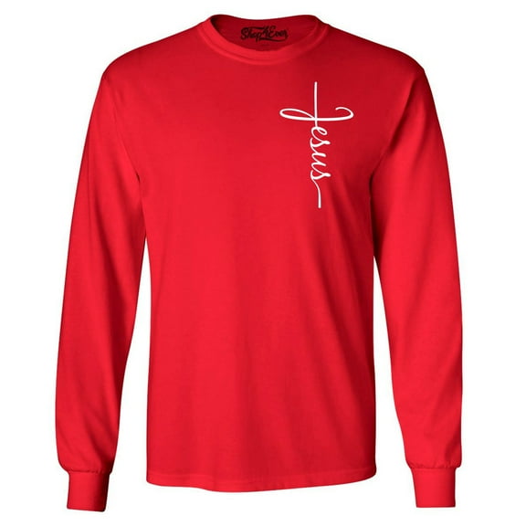 Shop4Ever Men's Jesus Cross Cursive Script Small  Long Sleeve Shirt Large Red