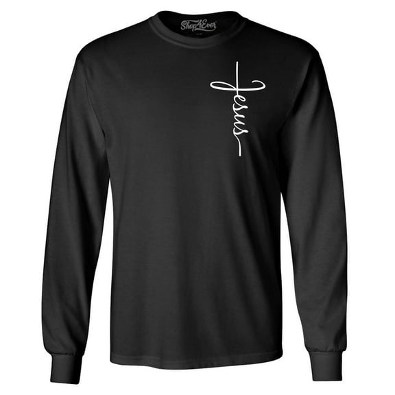 Shop4Ever Men's Jesus Cross Cursive Script Small  Long Sleeve Shirt X-Large Black
