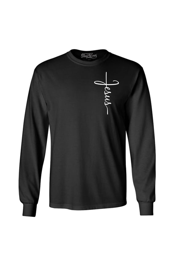 Men's Jesus Cross Cursive Script Small Long Sleeve Shirt X-Large Black
