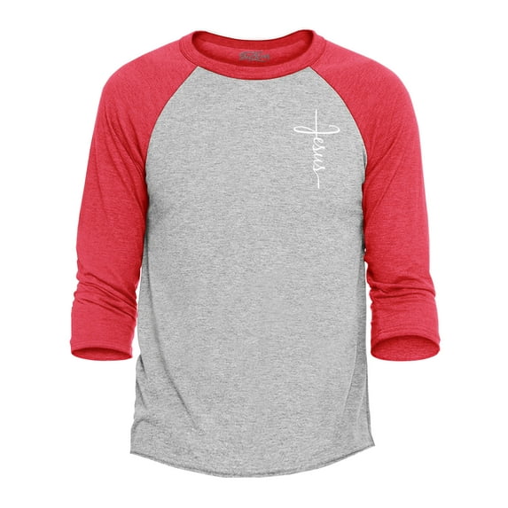 Shop4Ever Men's Jesus Cross Cursive Script Small Raglan Baseball Shirt Small Heather Grey/Red