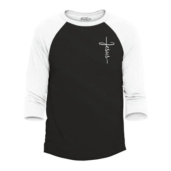 Shop4Ever Men's Jesus Cross Cursive Script Small Raglan Baseball Shirt X-Small Black/White