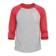 thumbnail image 1 of Shop4Ever Men's Jesus Cross Cursive Script Small  Raglan Baseball Shirt XX-Large Heather Grey/Red, 1 of 4