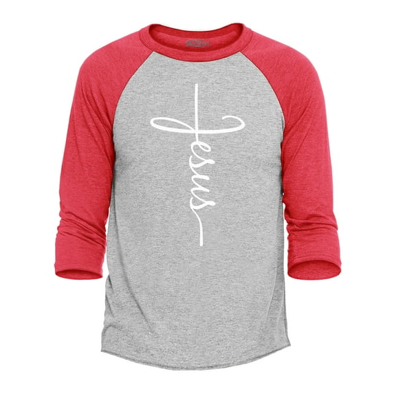 Shop4Ever Men's Jesus Cross Raglan Baseball Shirt Small Heather Grey/Red