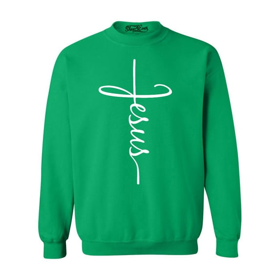 Shop4Ever Men's Jesus Cross Religious Crewneck Sweatshirt X-Large Irish Green