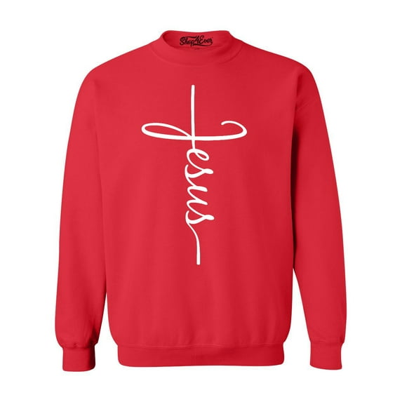 Shop4Ever Men's Jesus Cross Religious Crewneck Sweatshirt XX-Large Red
