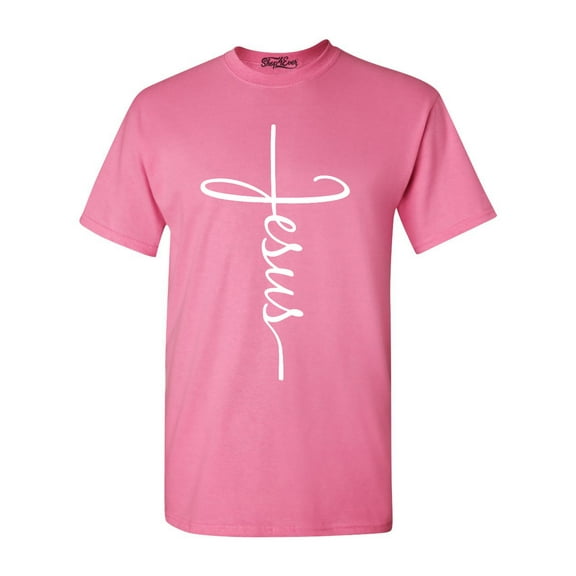 Shop4Ever Men's Jesus Cross Religious Graphic T-shirt X-Large Azalea Pink