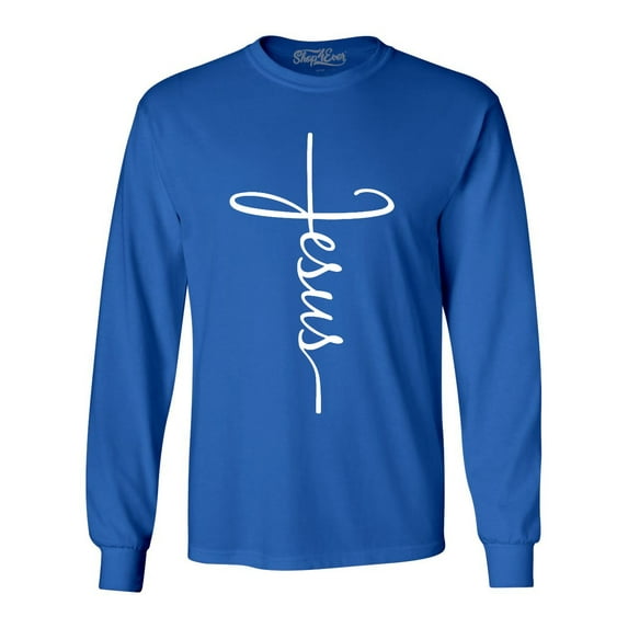 Shop4Ever Men's Jesus Cross Religious Long Sleeve Shirt Large Royal Blue