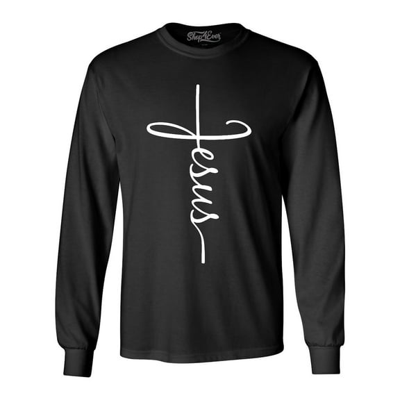 Shop4Ever Men's Jesus Cross Religious Long Sleeve Shirt Small Black