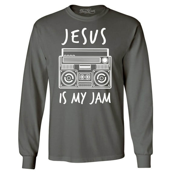 Shop4Ever Men's Jesus Is My Jam Funny Christian Faith Novelty Long Sleeve Shirt XXX-Large Charcoal