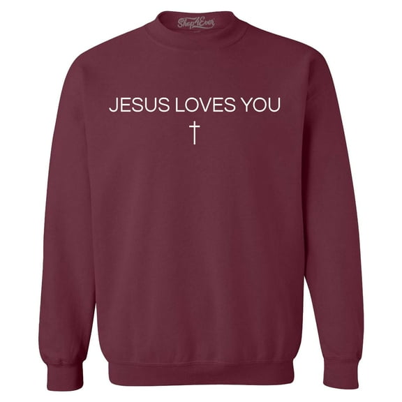 Shop4Ever Men's Jesus Loves You Minimal Cross  Crewneck Sweatshirt XXX-Large Maroon
