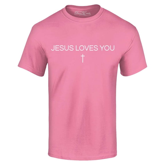 Shop4Ever Men's Jesus Loves You Minimal Cross Graphic T-shirt Small Azalea Pink