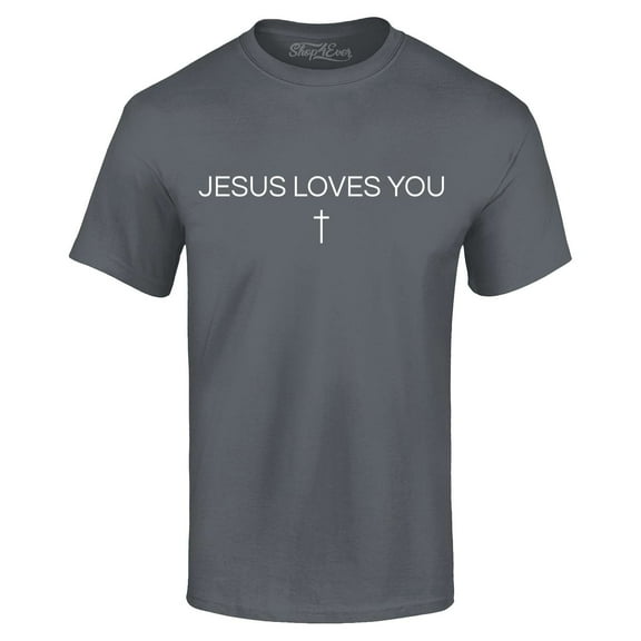 Shop4Ever Men's Jesus Loves You Minimal Cross  Graphic T-shirt Small Charcoal