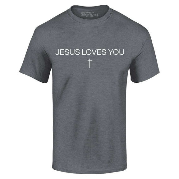 Shop4Ever Men's Jesus Loves You Minimal Cross  Graphic T-shirt Small Dark Heather