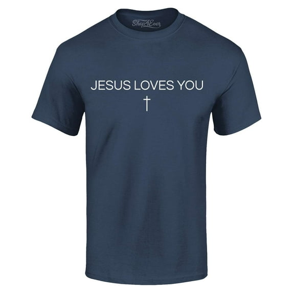 Shop4Ever Men's Jesus Loves You Minimal Cross Graphic T-shirt XX-Large Navy