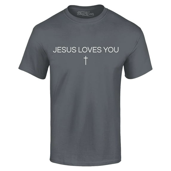 Shop4Ever Men's Jesus Loves You Minimal Cross Graphic T-shirt XXXXX-Large Charcoal