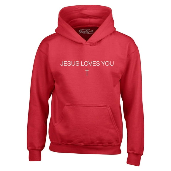 Shop4Ever Men's Jesus Loves You Minimal Cross  Hooded Sweatshirt Hoodie Small Red
