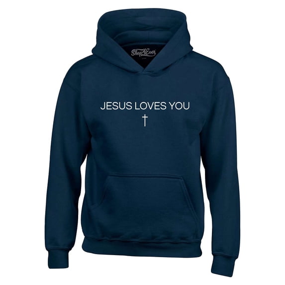 Shop4Ever Men's Jesus Loves You Minimal Cross Hooded Sweatshirt Hoodie X-Large Navy
