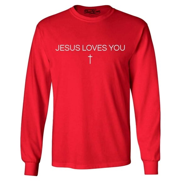 Shop4Ever Men's Jesus Loves You Minimal Cross  Long Sleeve Shirt Medium Red