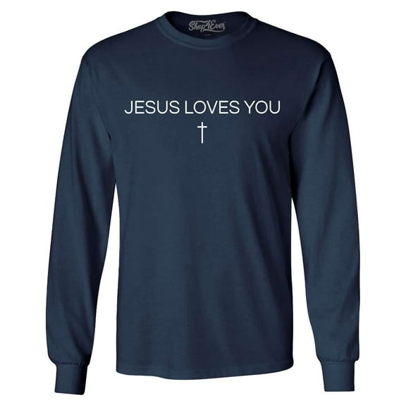 Shop4Ever Men's Jesus Loves You Minimal Cross  Long Sleeve Shirt X-Large Navy