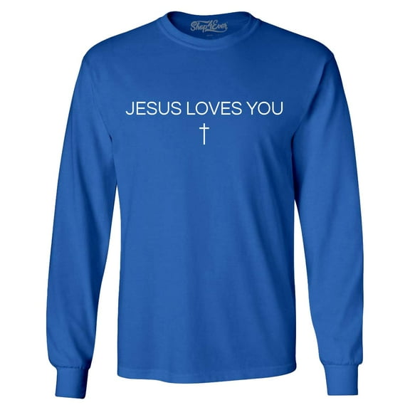 Shop4Ever Men's Jesus Loves You Minimal Cross Long Sleeve Shirt X-Large Royal Blue